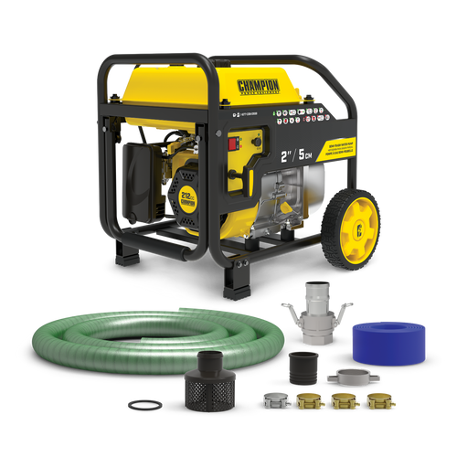 Champion 100742 Extended Run 2in Semi-trash Water Pump with Hose & Wheel Kit